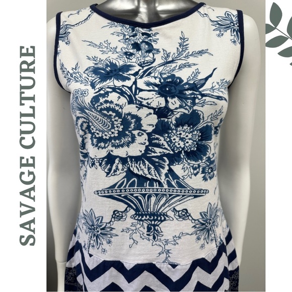 Savage Culture Sleeveless Summer Dress Blue White Mixed Pattern Size Medium - Picture 5 of 10